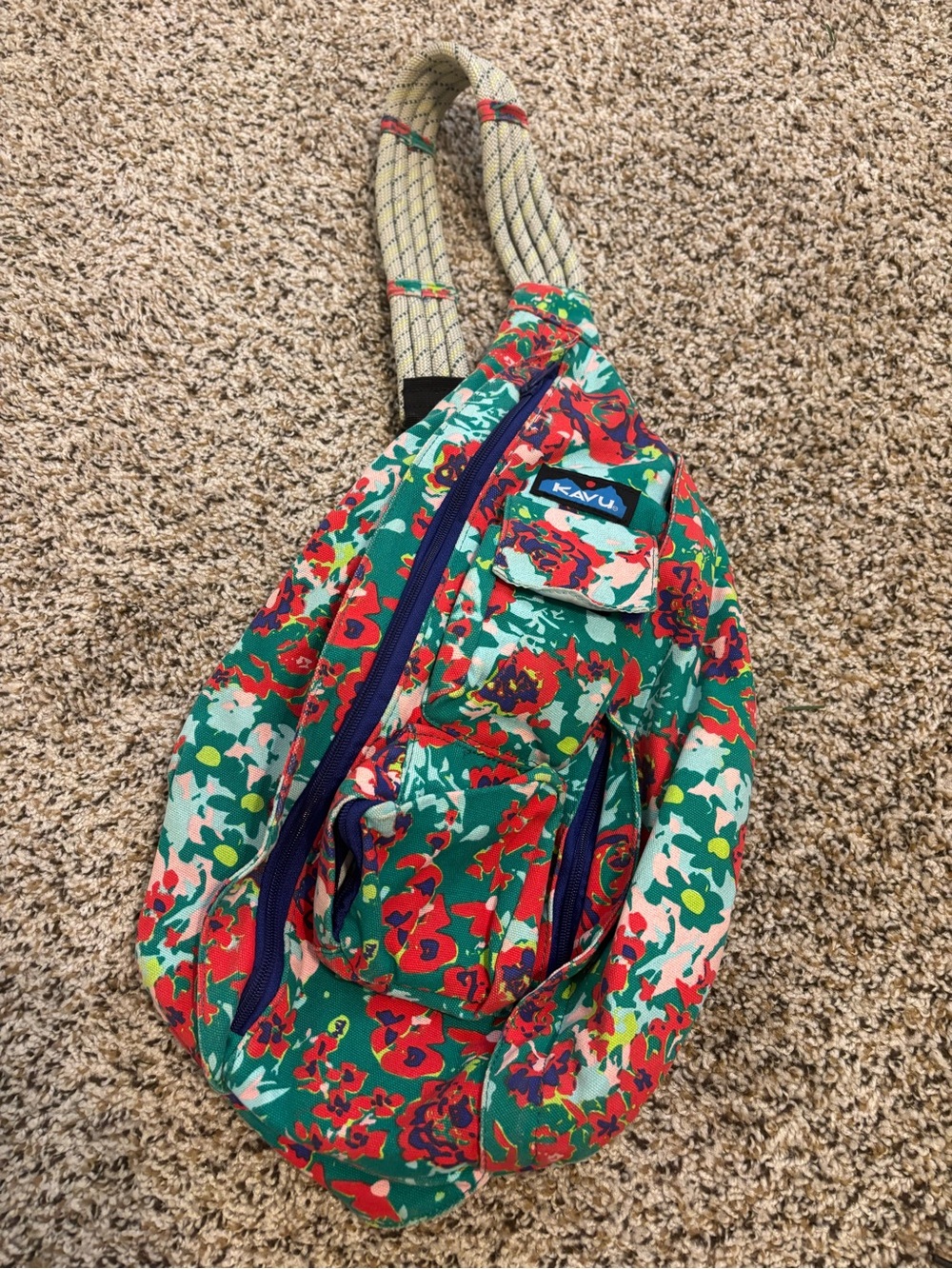 Kavu Green Floral Rope Sling Crossbody Bag with Red Accents